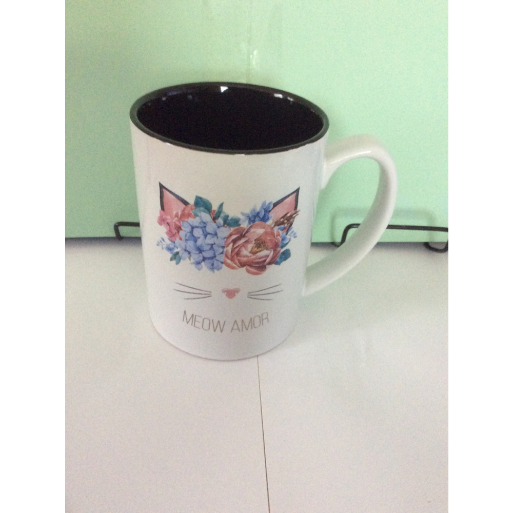 C.R. Gibson White Black Floral Meow Amor Cat Mug